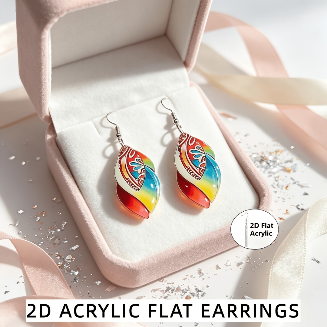 Bohemian Rainbow Printed Twisted Leaf Acrylic Dangle Earrings