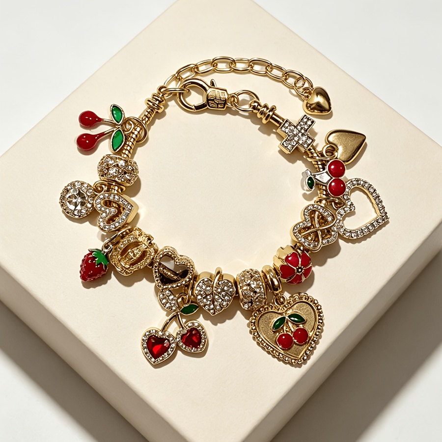 TEMU 1pc -themed Bracelet, Cherry Strawberry With Heart Pendant, Adjustable Chain Fashion Women's Wrist Accessory, Stylish Party And Daily Wear Gift