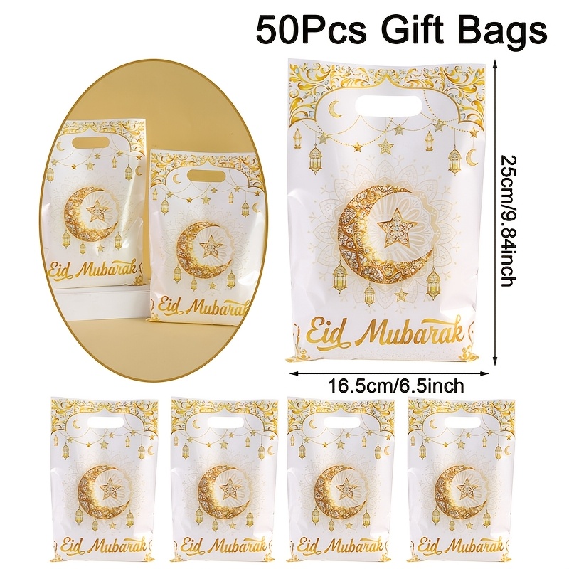 E-shop 10/ Stk. Eid-Geschenktüten, weiß-goldene Ramadan-Party-Mitgebseltüten mit Griffen, Plastik-Beutel mit Stern-Mond-Laternen-Design,