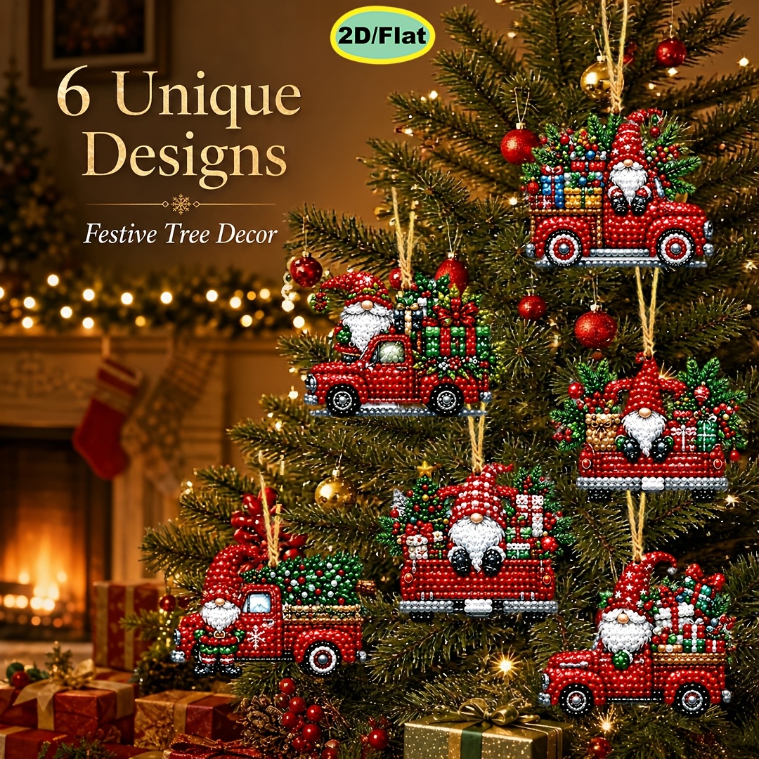 TEMU 6pcs Diamond Painting Kit, Diy Pearl Drill Art Christmas Truck Gnome Wooden Hanging Tag Ornament, 2d , Beginner Stress-relief Craft, Christmas