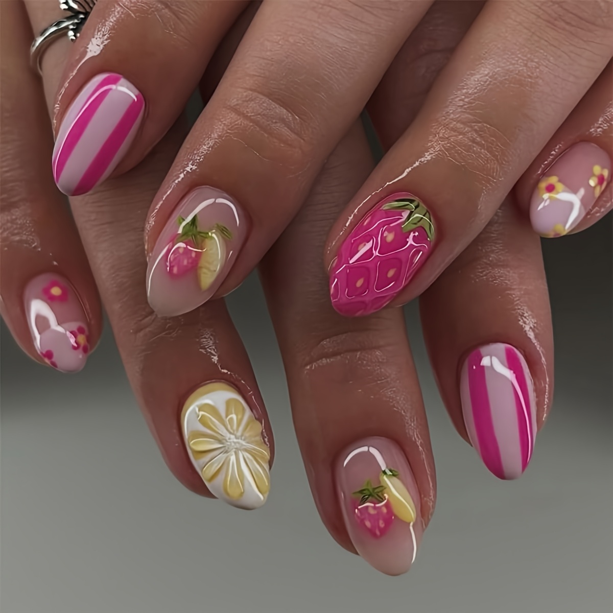 TEMU 24pcs Round-tip Almond Short Y2k Spicy -on Nails, Berry Lemon With 3d Embossed Strawberry, Lemon, And Floral Accents, Exquisite And Designs,