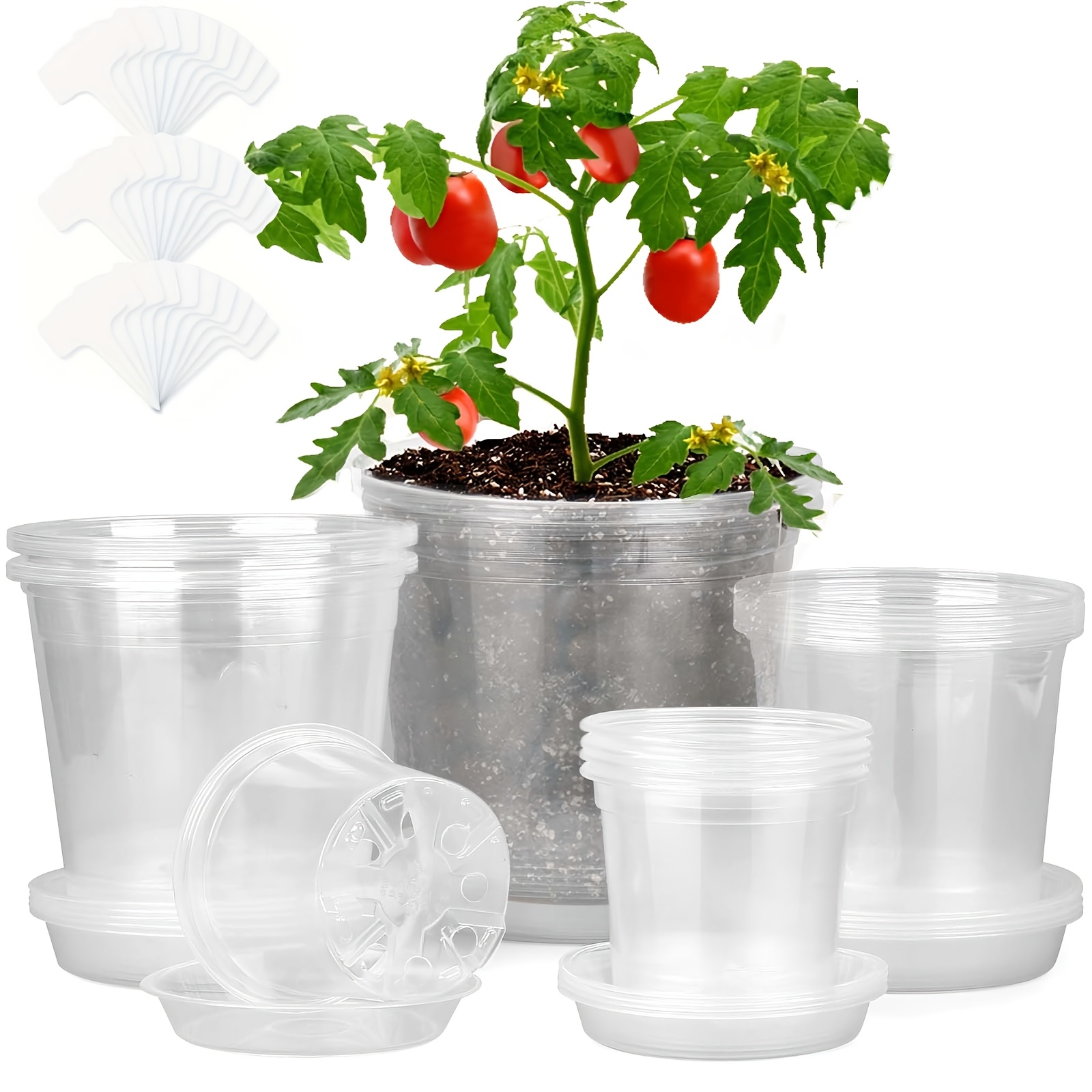 

24pcs Clear Nursery Pots With Drainage Saucers And Plant Marker Cards - Plastic Seed Starting Pots In 3, 4, 5, 6 Inch Sizes, Plastic Nursery Pots, Plants, Garden Houses