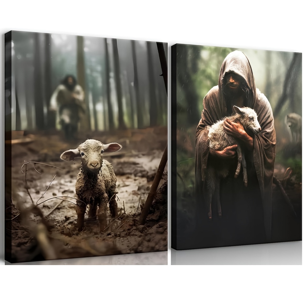 

Framed Man And Lamb Canvas Wall Art Man Save Lost Lamb Posters Prints Vintage Pictures Wall Decor For Bedroom Modern Paintings Decorative Art(man And Lamb, 12x16 Inches)