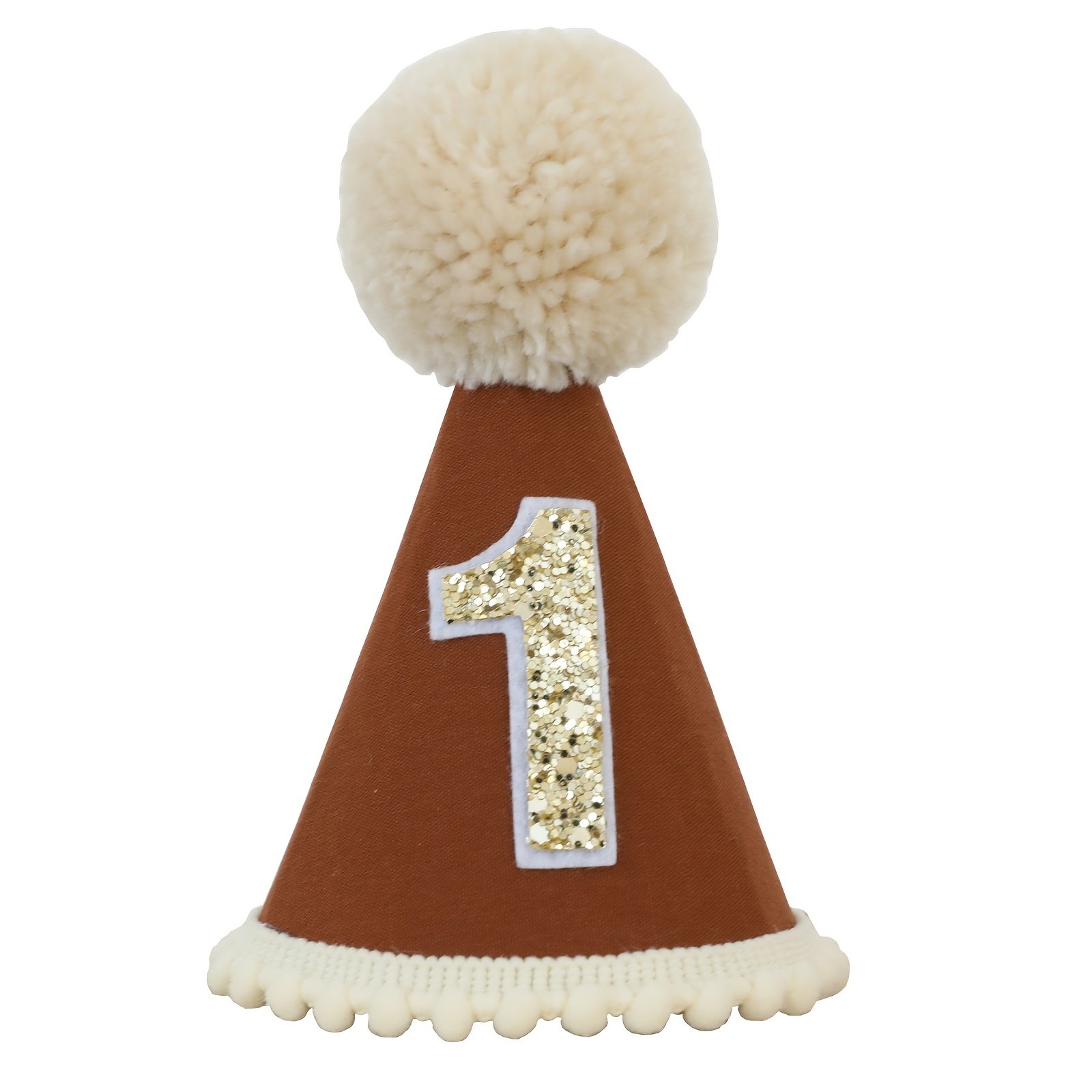 

1pc Handmade Felt Pom Pom Birthday Cone Hat - Brown With Golden Glitter "1" Number Patch, Ideal For First Birthday Celebrations, Party Decor & Photo Props