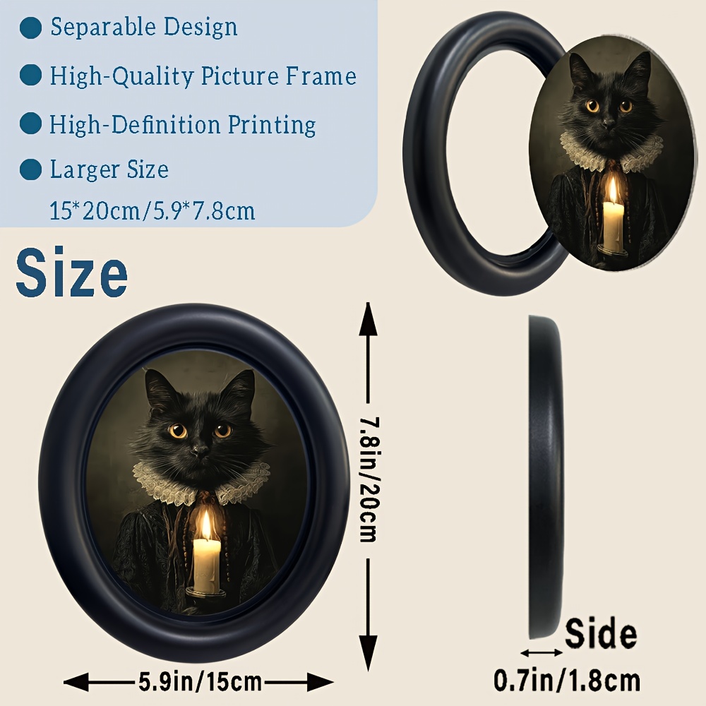 Image of 2d Flat, 1pc Vintage Black Cat Portrait Oval Wall Art, 6.6×7.6 Inches Victorian Gothic Dark Academia Decor, Black Framed Vintage Cat Print, Wall Hanging For Bedroom Living Room