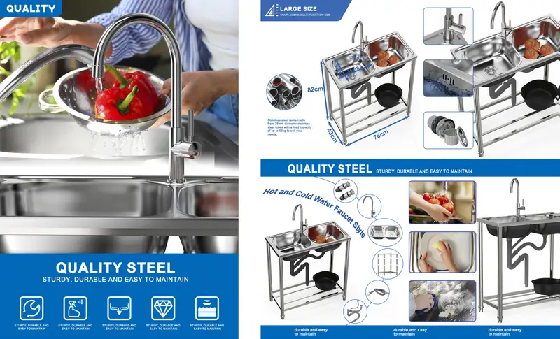 grösse: 78x43x82cm freistehendes waschbecken, 2 waschbecken, badezimmer-waschbecken, waschbecken mit heiß- und kaltwasserhahn, für küche, außenbereich, camping, garten, garage Produktdetails 7