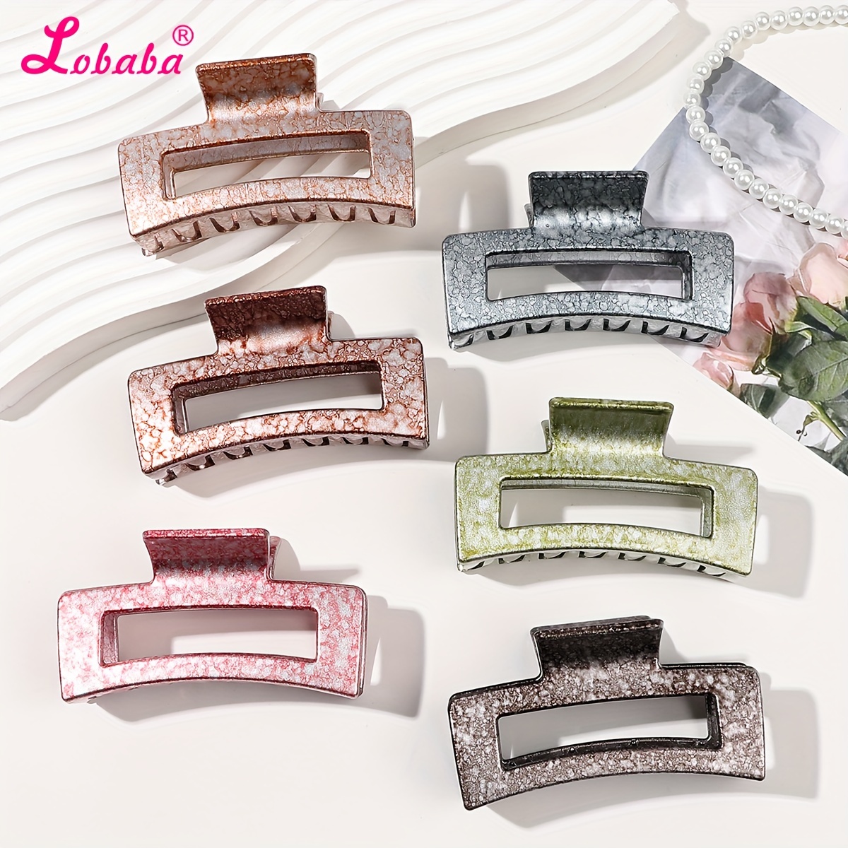 

6-pack Lobaba Hair Clips, Vintage Elegant Gradient, Large Rectangle, Matte Finish, Shark Clip Hair Accessories For Women, Plastic, Retro Style, Salon Hair Styling Tools