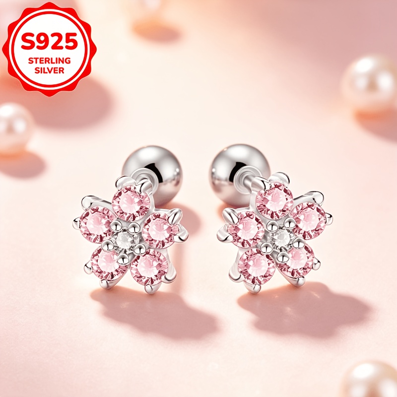 TEMU 1pc S925 Silver Pink Flower Stud Earrings, High-end Versatile Commuter Ear Accessory With Screw-back Closure, Ear Piercing Jewelry, Suitable For