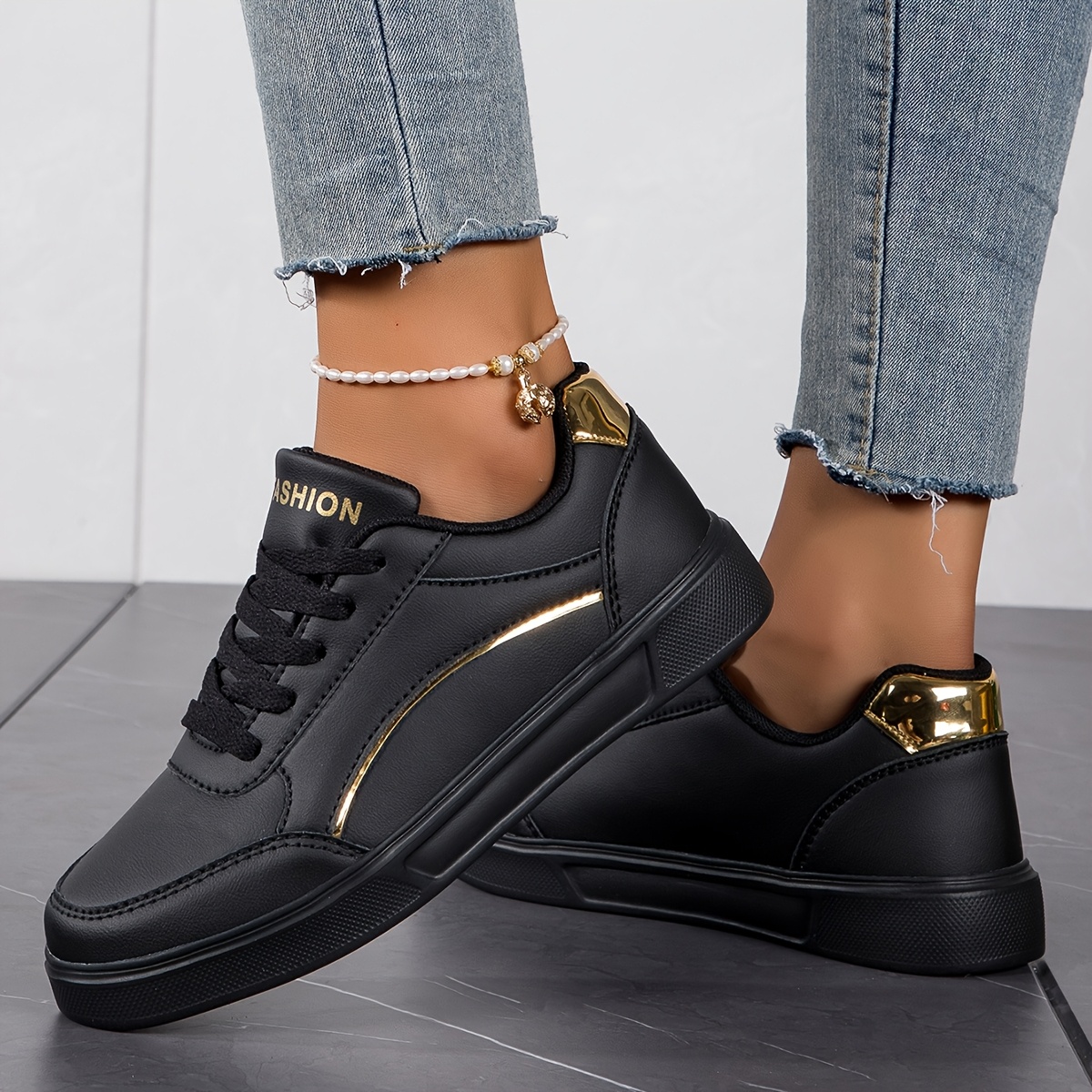 Women's Elegant Shoes - Comfortable Laces With Golden Accents, Lightweight And Breathable , Easy And Versatile, Fashionable Lightweight Black Lace-up Sneakers, Suitable For ., Women Shoes