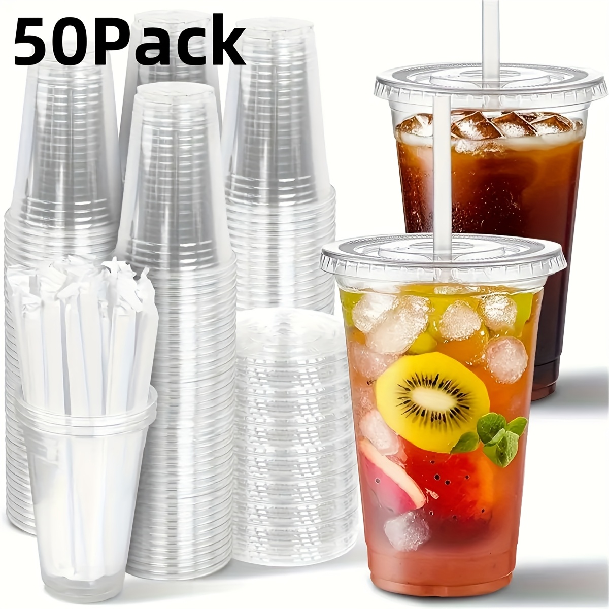 Coffee Cups With Lids 100 Pack 16 Oz Clear Plastic Cups With Lids & Straws  - Disposable Cold Drink Cups For Parties 16oz Clear Party Cups