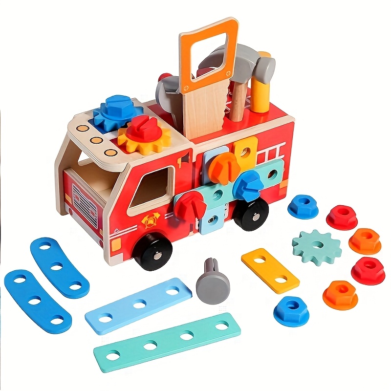 Image of 1 Set Of Fire Car Combination Disassembly And Assembly Toys Wooden Boy Educational Toys Best Christmas And Birthday Gifts For Children Aged 3+