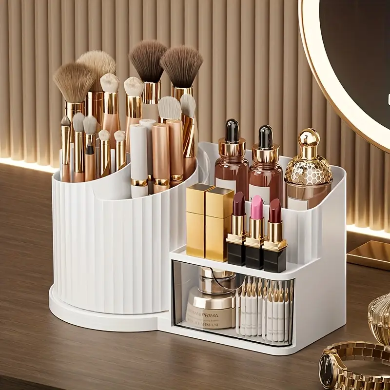 360 rotating makeup organizer with brush holder drawer makeup vanity organizer with brush storage lipstick office stationery space saving countertop organizer no power needed elegant bathroom desk durable plastic construction bathroom storage polished home organizers Product details 8
