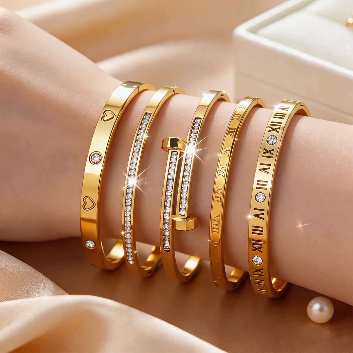 TEMU Ensemble de 5 bracelets en acier inoxydable décoratifs avec chiffres romains pour femmes, style facile, plaqués or , lavables, parfaits pour les