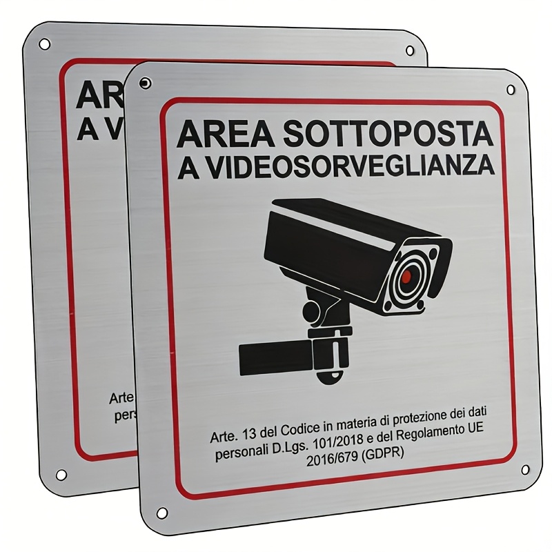 TEMU Cartello di , cartello in alluminio per area di videosorveglianza, 15 x 15 cm, targa per privata con avviso, con adesivo e preforati, per casa e