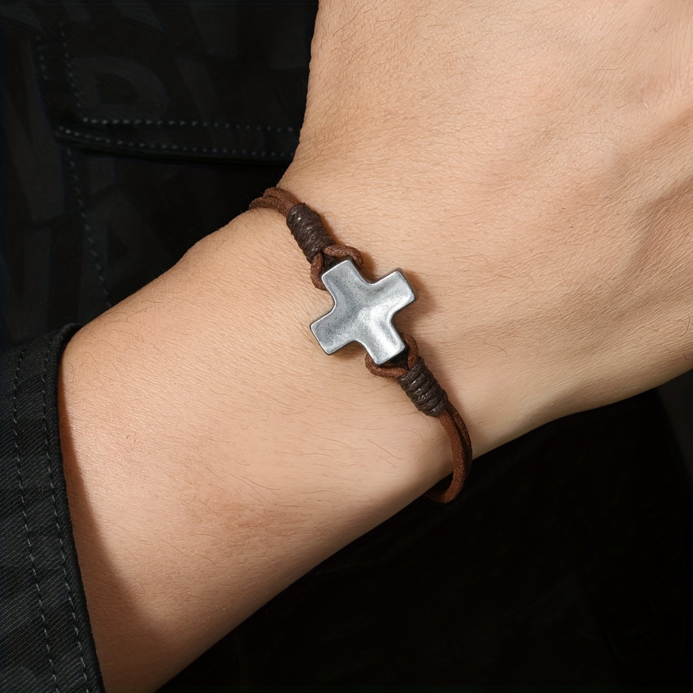 Men's Vintage Handwoven Cross Genuine Leather Bracelet