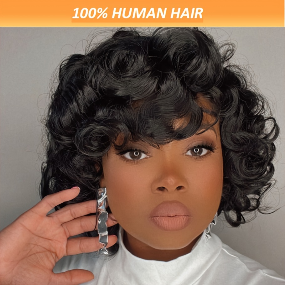 

Chic Loose Curly Brazilian Human Hair Wig With Bangs For Women - 200% Density, Cut, Glueless & , Cap