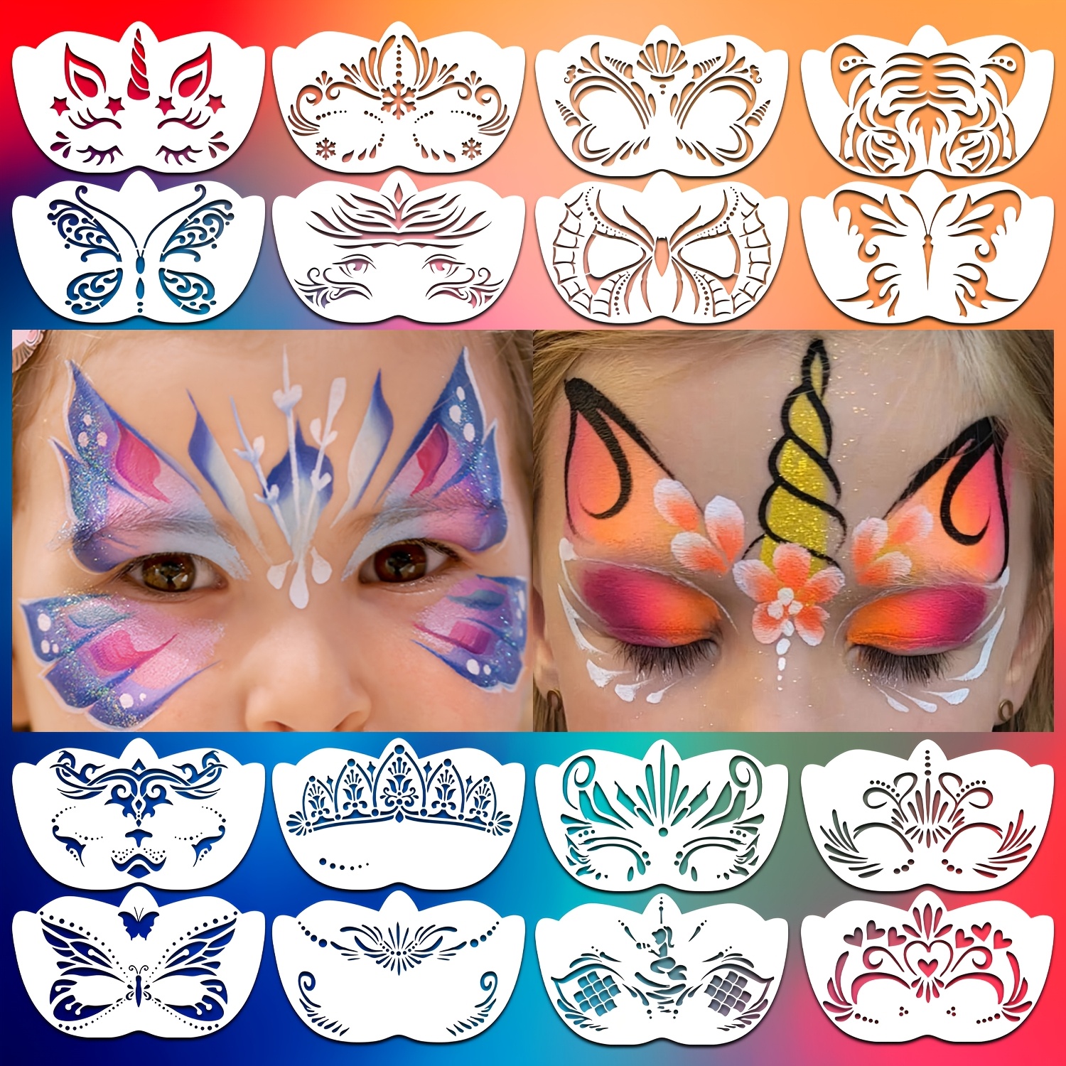 

16-pack Face Painting Stencils, Flexible & Washable Reusable Design Templates For Stage Parties, Loose Sheets Style