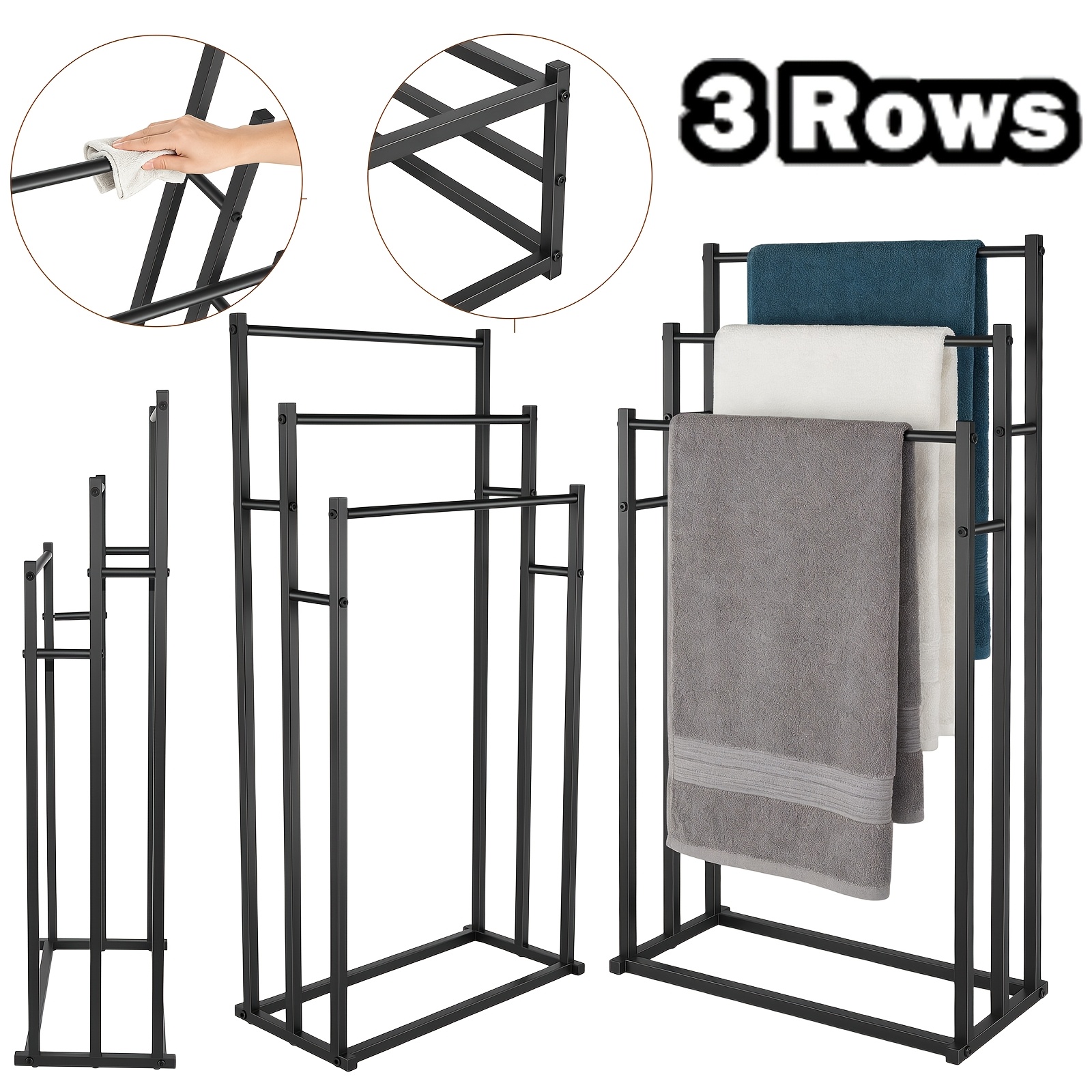 TEMU 3 Tier Freestanding Towel Rack With Storage Shelf, Metal Towel Rail, Space Saving Drying Stand For Bath & Hand Towels, Black (bathroom