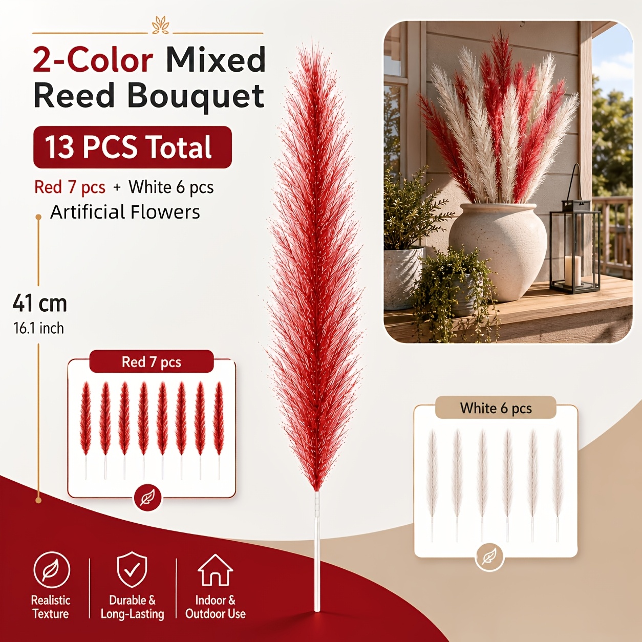TEMU 13pcs Set Designer Artificial Pampas Grass Bouquet, 16.54-inch Red And White Faux Pampas Grass Stems, High-quality Fan-shaped Holiday Floral