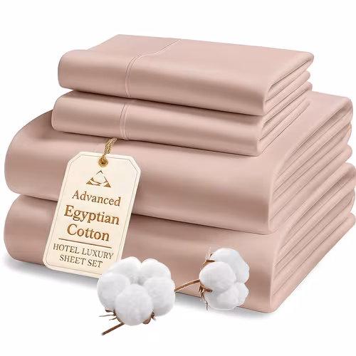 item picture 4pcs Luxury Egyptian Cotton Bed Sheet Set - Ultra Soft & Breathable Shrink-Resistant Heavy Thread Count (>100) Sheets Suitable for - Use, Deep Pocket Bed Frame (Fits), Complete Bedding with Fitted Sheet, Flat Sheet & 1/2 Pillowcases for Home, Hotel