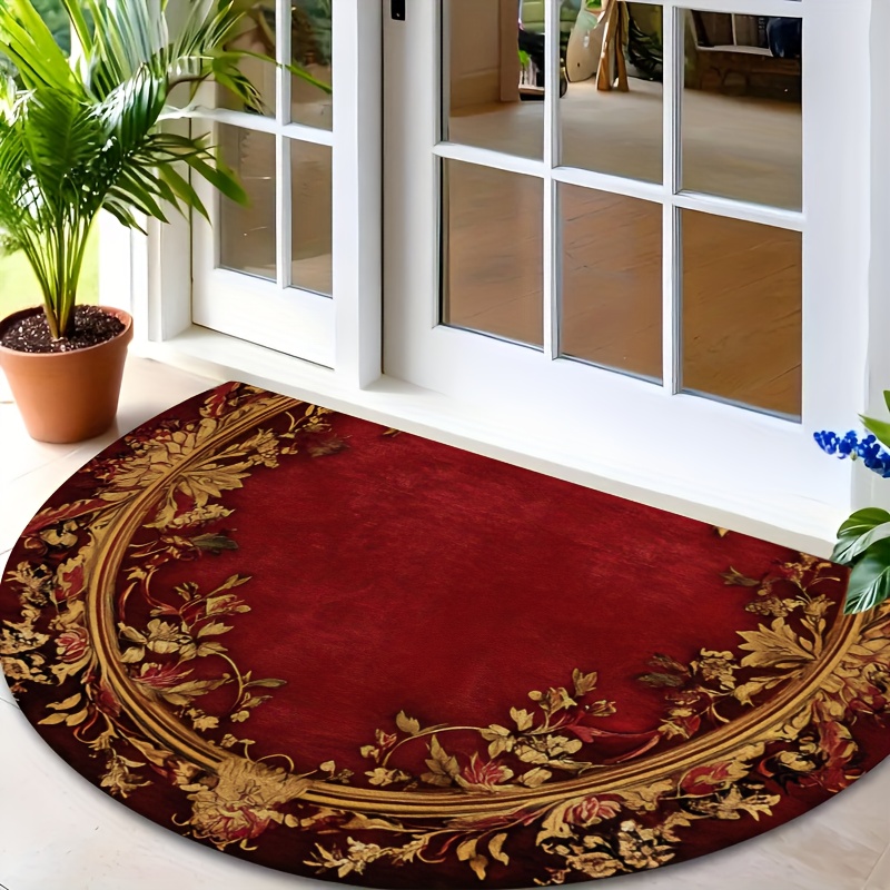 TEMU 1pc Hd 2d Flat Printed Floor Mat, Elegant Red Semi-circular Welcome Door Mat With Wreath - Semi- Suitable For Indoor/outdoor, Entryway, Front