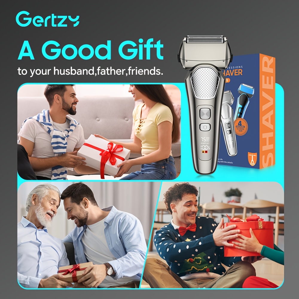 a perfect waterproof electric shaver for men as a gift suitable for   dry and wet use with adjustable gear and   display it features a   up sideburns blade design on the back and is a holiday gift Product details 6