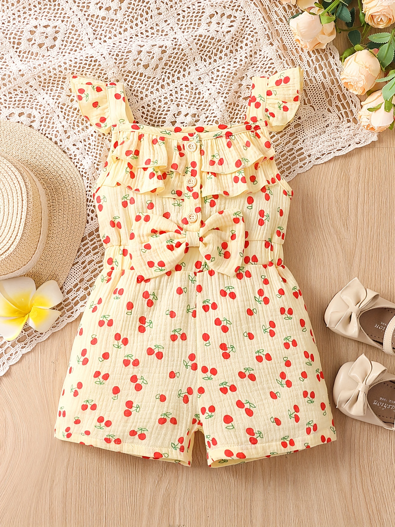 Girls Muslin Floral Print Ruffle Trim Sleeveless Suspender Jumpsuit Comfortable Casual Rompers For Toddlers Children Kids Summer