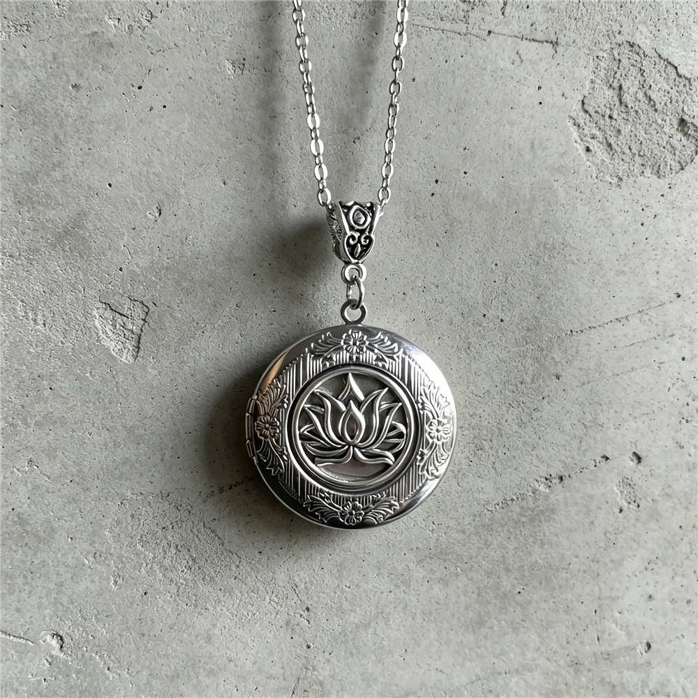 TEMU Minimalist And Elegant Silvery For Lotus Flower Photo Frame Necklace; Openwork Floral Locket Pendant; A Gift For Mother's Day, Birthdays, Or