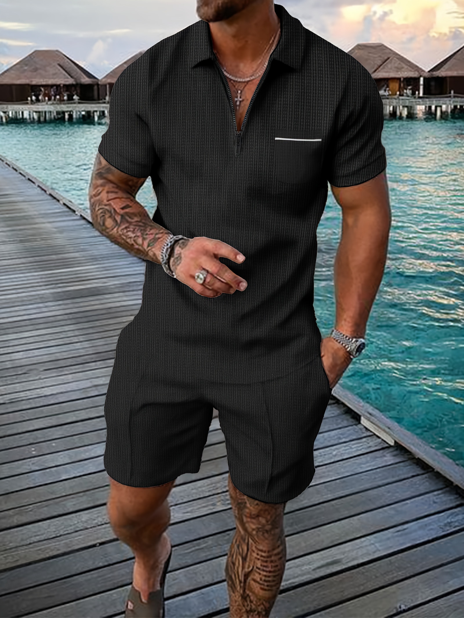 Ensemble polo et short décontracté d'été pour homme avec couleur unie, manches courtes et détail de poche