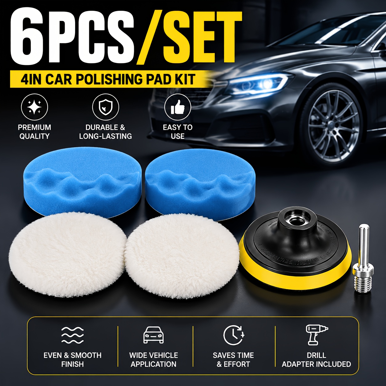 6pcs 4-inch Car Polishing Pad Kit With Drill Adapter, Foam Sponge & Buffing Pads For Waxing, Polishing And Auto Detailing, Compatible With Drills, Angle Grinders & Polishers