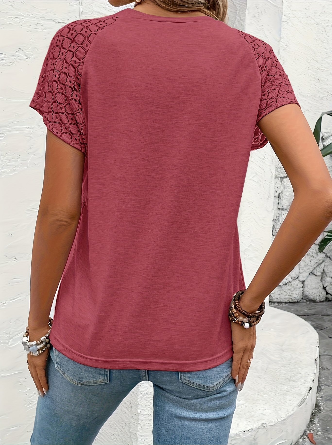 womens elegant solid color lace sleeve t shirt summer   blouse with breathable fabric machine washable versatile for casual formal outfits cropped tee style soft   ladies t shirts Product details 11
