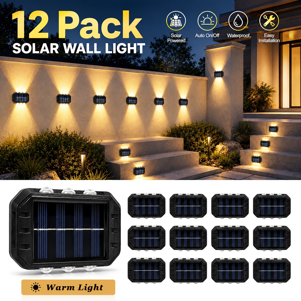 TEMU 4/12-pack Solar Wall Lights Outdoor, 6- & Down Warm White Wall Wash Lights, Ip44 Dusk-to-dawn Solar Fence Lights For Patio, Porch, Deck, Garden,