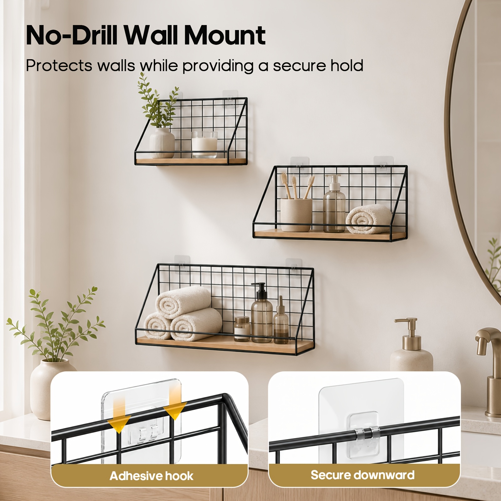 Image of No Drill Wall Mounted Storage Rack, Sturdy Metal Wood Wall Shelf With Safety Railing, Space- Wall Organizer For Kitchen, Bathroom, Bedroom And Entryway, Floating Shelves
