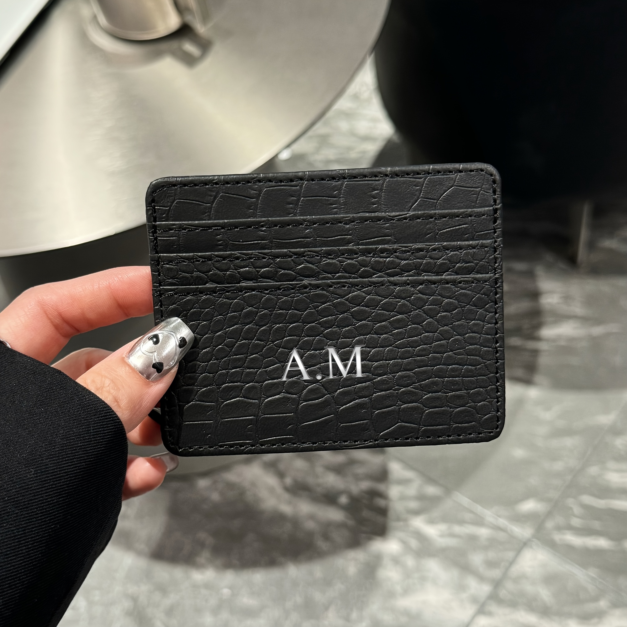 Image of Personalized Wallet Custom Name Initials Letters 3d Engrave Golden Or Silvery Letters Luxury Faux Synthetic Leather Credit And Id Card Holder Wallet Monogram Name Card Case Stylish Gifts