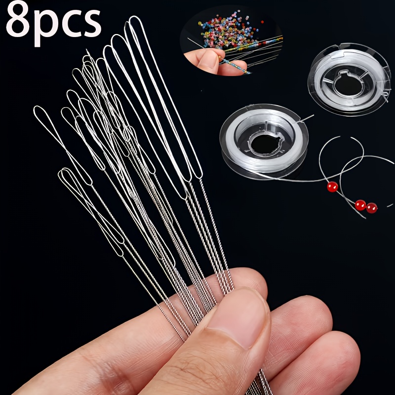 TEMU 8 pezzi/set di Aghi per Perline Ultra- con 7 pezzi in Diverse Misure, 1 Rotolo di Filo Elastico Piatto da 10 , Set di Aghi per Perline per