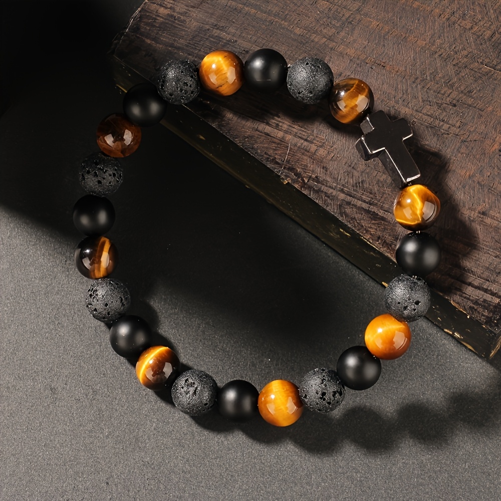 mens retro tiger eye and   bracelet with cross pendant casual attire protective synthetic jewelry gift for him boyfriend friend Product details 1