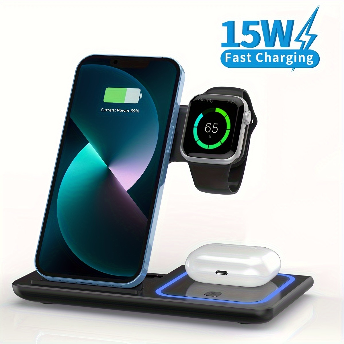 

3 In 1 Fast Charging Station, 15w Foldable Wireless Charger Stand For 15, 14, 13, 12, 11/pro/max/mini/plus, X, Xr, Xs/max, Se, 8/plus, Suitable For Iwatch 1-9, Suitable For Airpods 3/2/pro