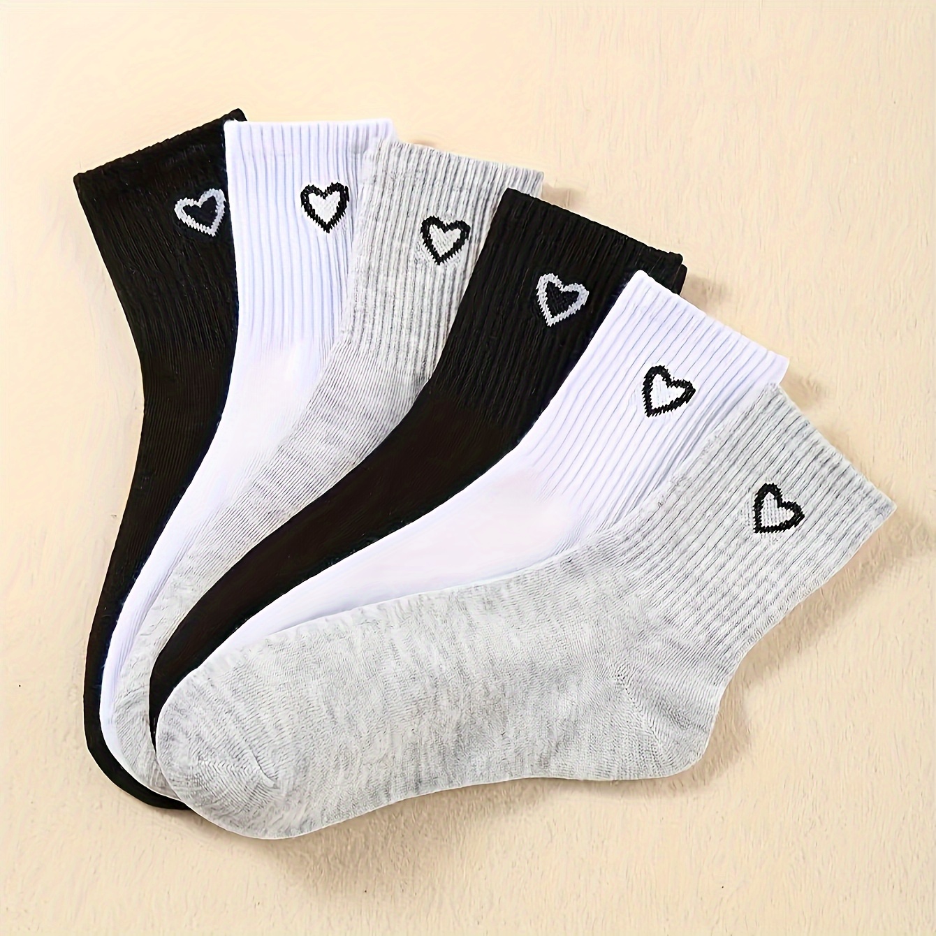 TEMU 6 Pairs Heart Print Socks, Simple & Breathable Mid Tube Socks, Women's Stockings & Hosiery