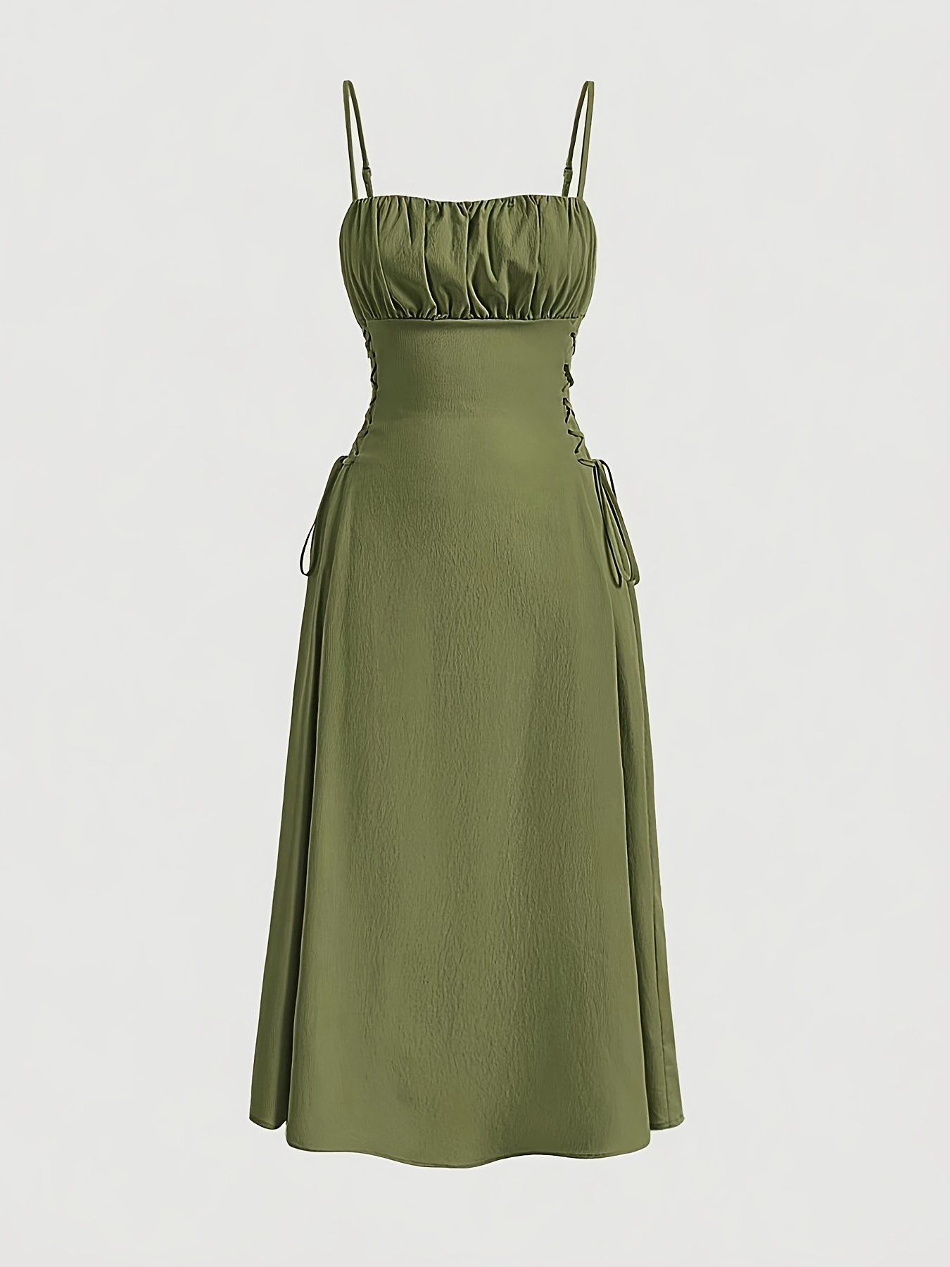 european and american women's spring and summer fashion casual  waist-defining elegant dress in pure military green with a round neck and  pleated design for everyday wear | Check Out Today's Deals Now |