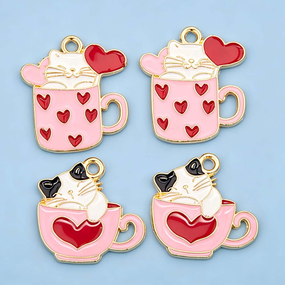 TEMU 8pcs/ Heart-shaped Kitten Pendant, Mixed Enamel Charm, Alloy Heart Cat Pendant, Diy Pendant, Suitable For Jewelry, Necklaces, Bracelets,