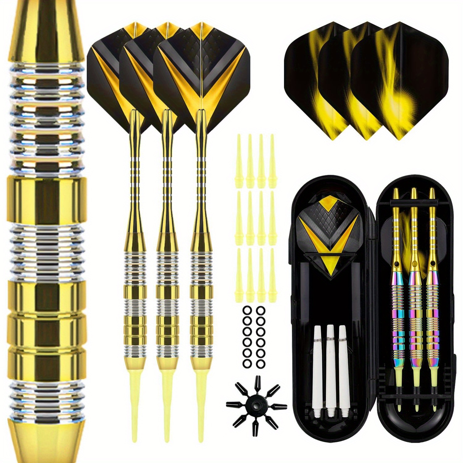 E-shop Professionelles Soft-Tip-Dartset - Komplettes Gelbes Dart-Kit mit Flügeln, Extra-Spitzen, Etui & Zubehör, & Langlebig für Längeres Spielen
