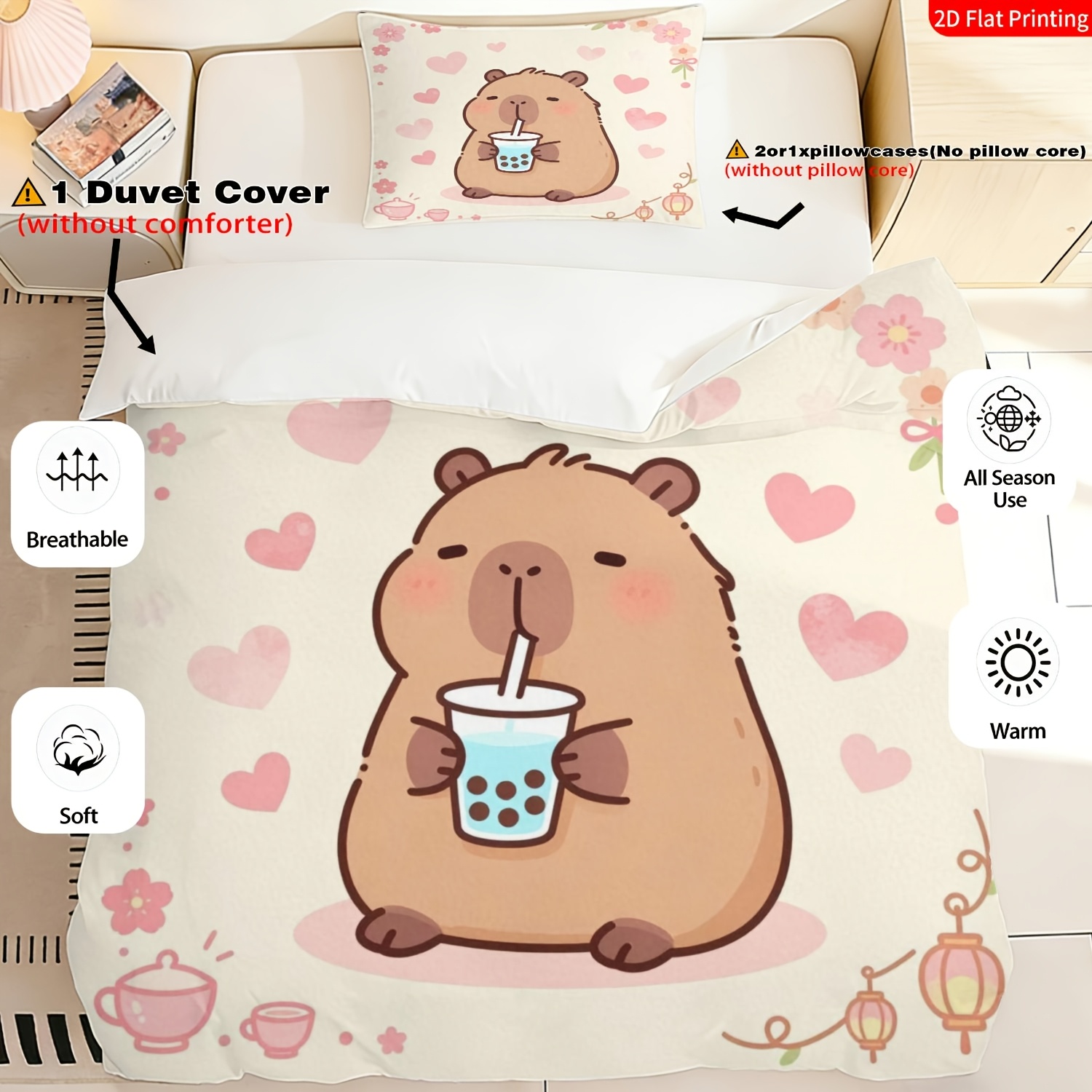 TEMU 2/3pcs 2d Flat Printing Duvet Cover Set Cute Capybara Design Bubble Tea & Floral Theme Bedding Beige Base With & Flowers Print Suitable For