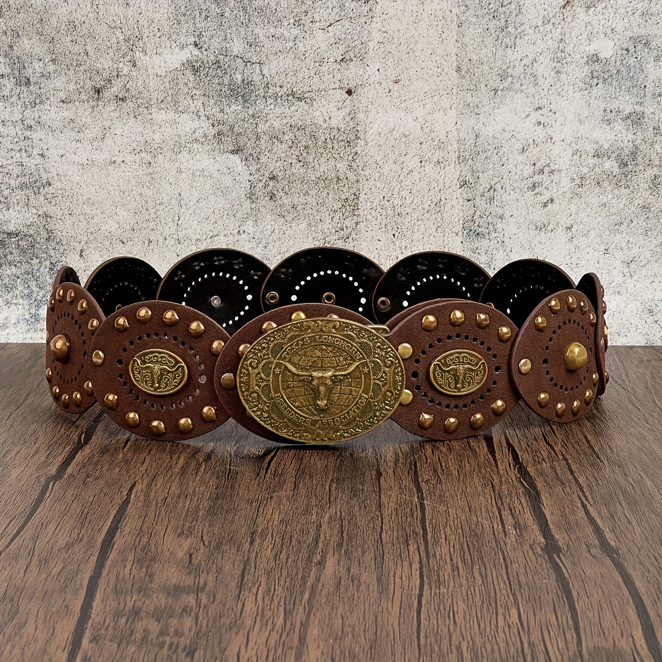 TEMU 1pc Of Women's Brown Western Cowboy-style Bohemian Trendy Wide Belt, Featuring Brown Pu With Vintage Bronze Rivet Embellishments, An Oval