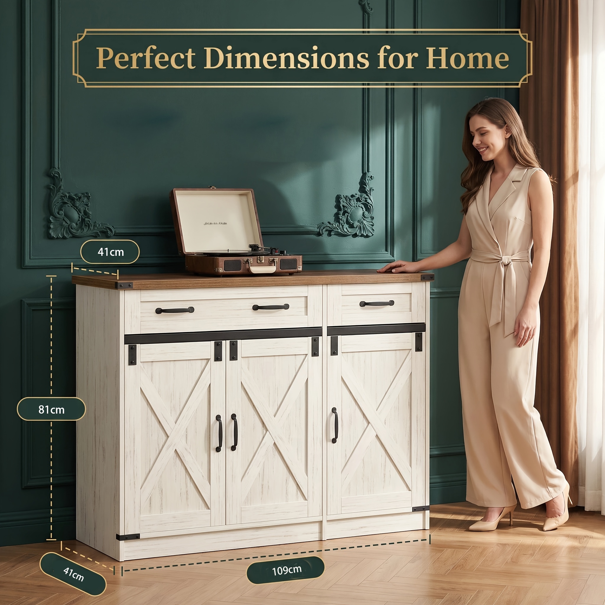 Retro Country Style Sideboard, 3 Doors, 2 Drawers, Multi-functional Storage Cabinet, Adjustable Shelves, Suitable For Home Kitchen And Living Room Storage.