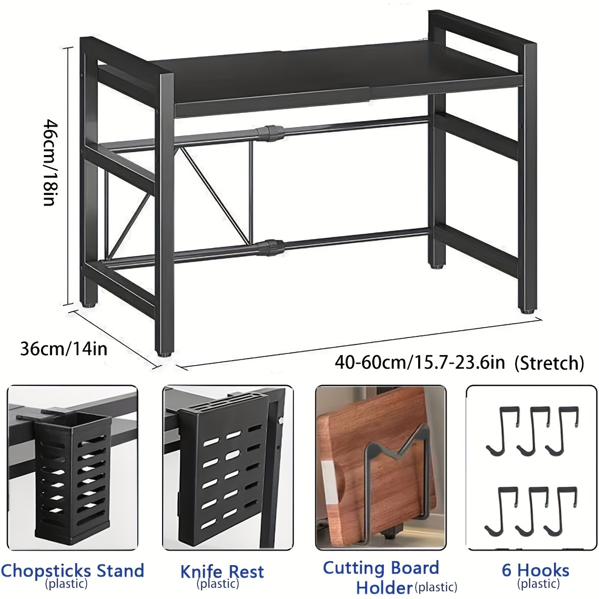 TEMU Retractable Microwave Stand, Microwave Bracket, With Storage Rack, Heavy Duty, With 6 Hooks And And , Suitable For Kitchen Countertops, Utility Hooks