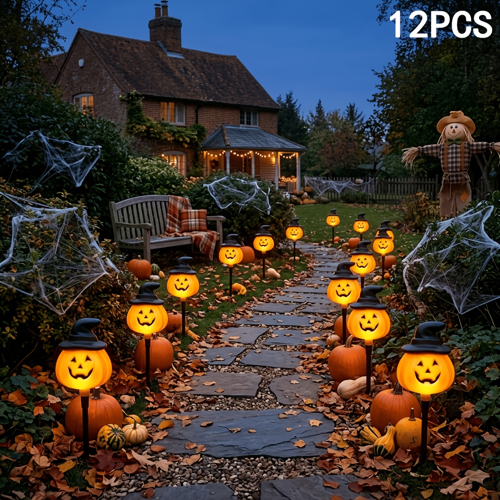TEMU 10pcs Halloween Pumpkin Stake Lights, Solar-powered Outdoor Decorative Solar Pumpkin Lights, Jack O Lantern Pathway Decor For Halloween, Fall,
