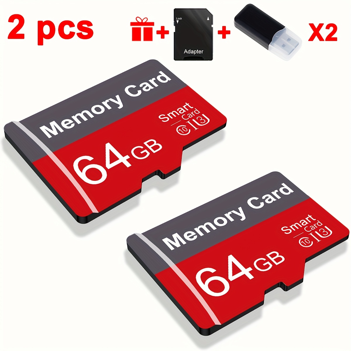 Image of 2pcs Memory Card 64gb 32gb 16gb 4gb 2gb With Usb Card Reader And Adapter, Micro Tf Card, A1 C10 Memory Tf Card For Tablet/camera/mobile Phone/car Audio/game Console - Real Capacity, Store Your Files !