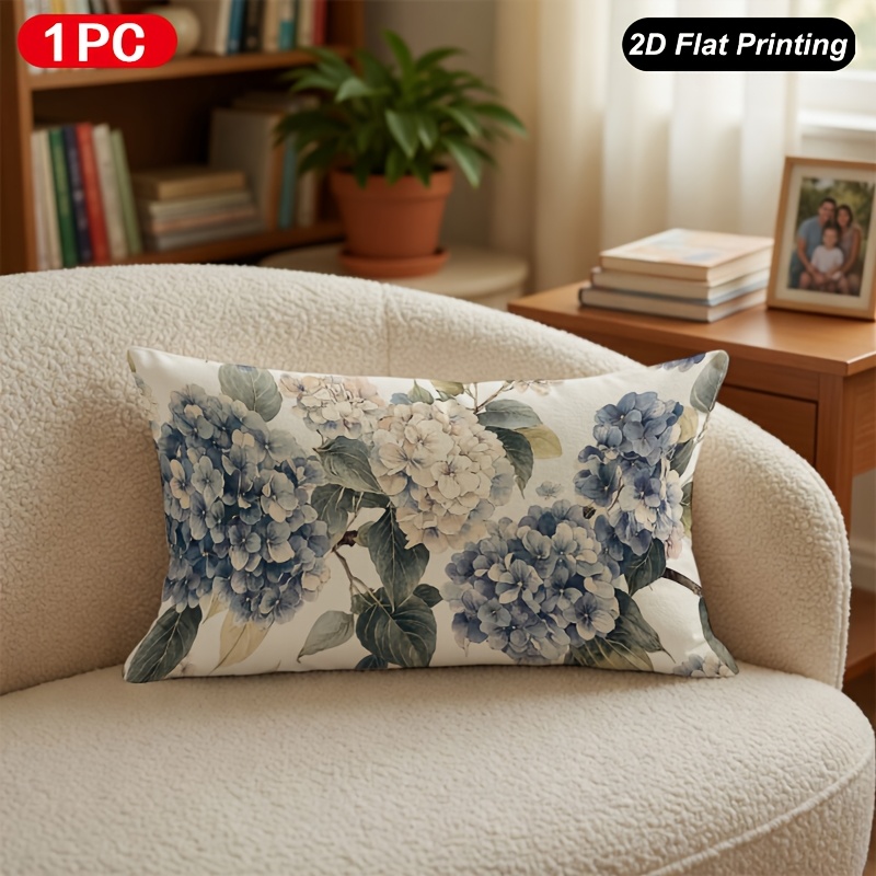 TEMU 2d Flat - 1pc 2d Flat Printing Lumbar Throw Pillow Cover Blue White Hydrangea Floral Pillow Cover For Indoor Outdoor Farm Bedroom Living Room