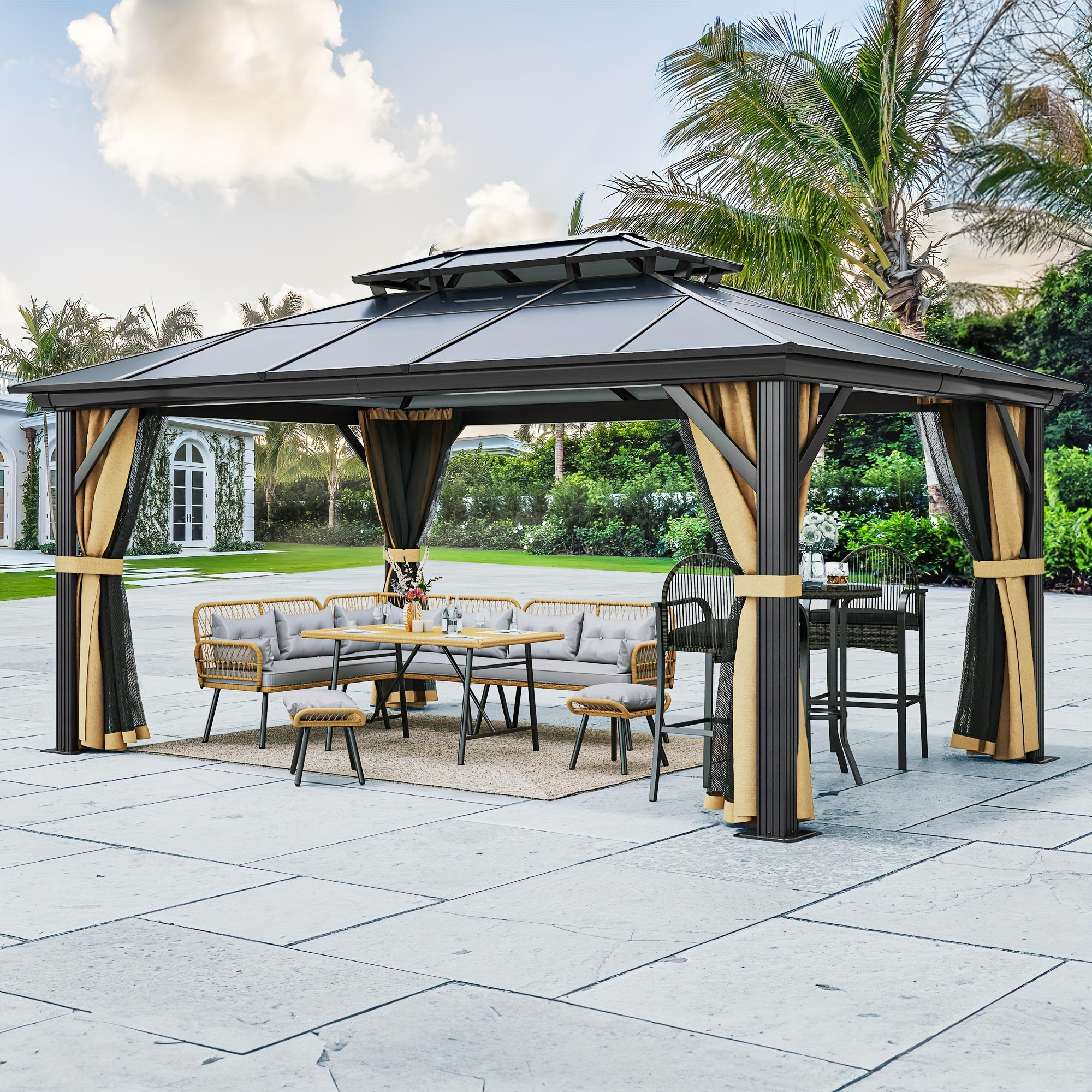 

Balconera 10x12ft, 12x12ft, 12x14ft, 12x16ft Gazebo Polycarbonate Double Roof With Netting And Curtains, Aluminum Frame For Patio, Backyard, Deck And Lawns, Brown