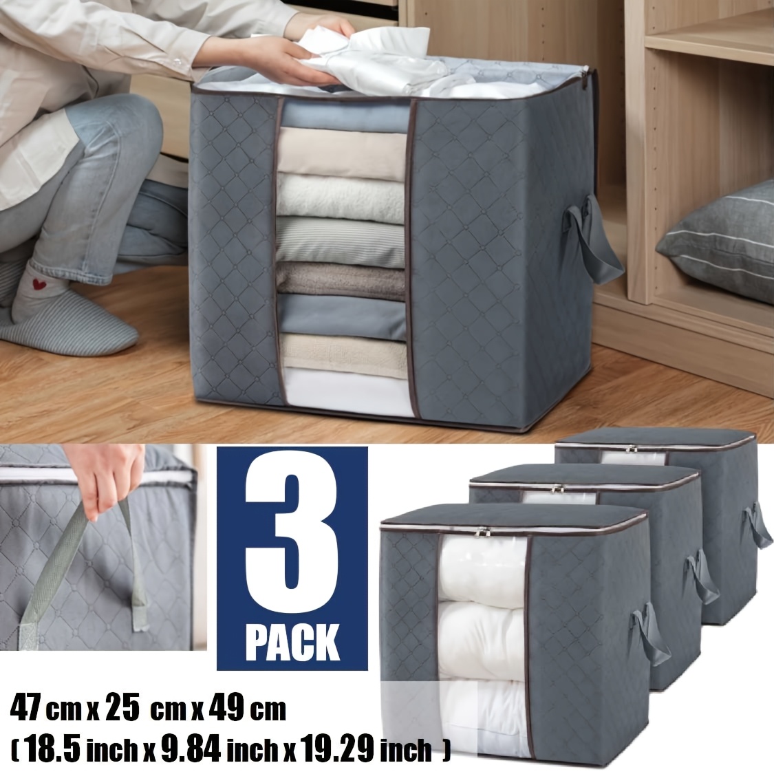 TEMU Set Of 3 High-quality Storage Boxes For Clothes, Featuring Collapsible Containers With Lids Made From Fabric, Ideal For Organizing Laundry And